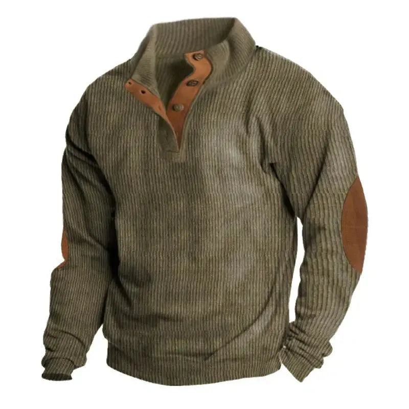 Avarati Men’s Rustic Patches Sweater – Ribbed Knit Pullover with Elbow Patches & Button Collar - AVARATI