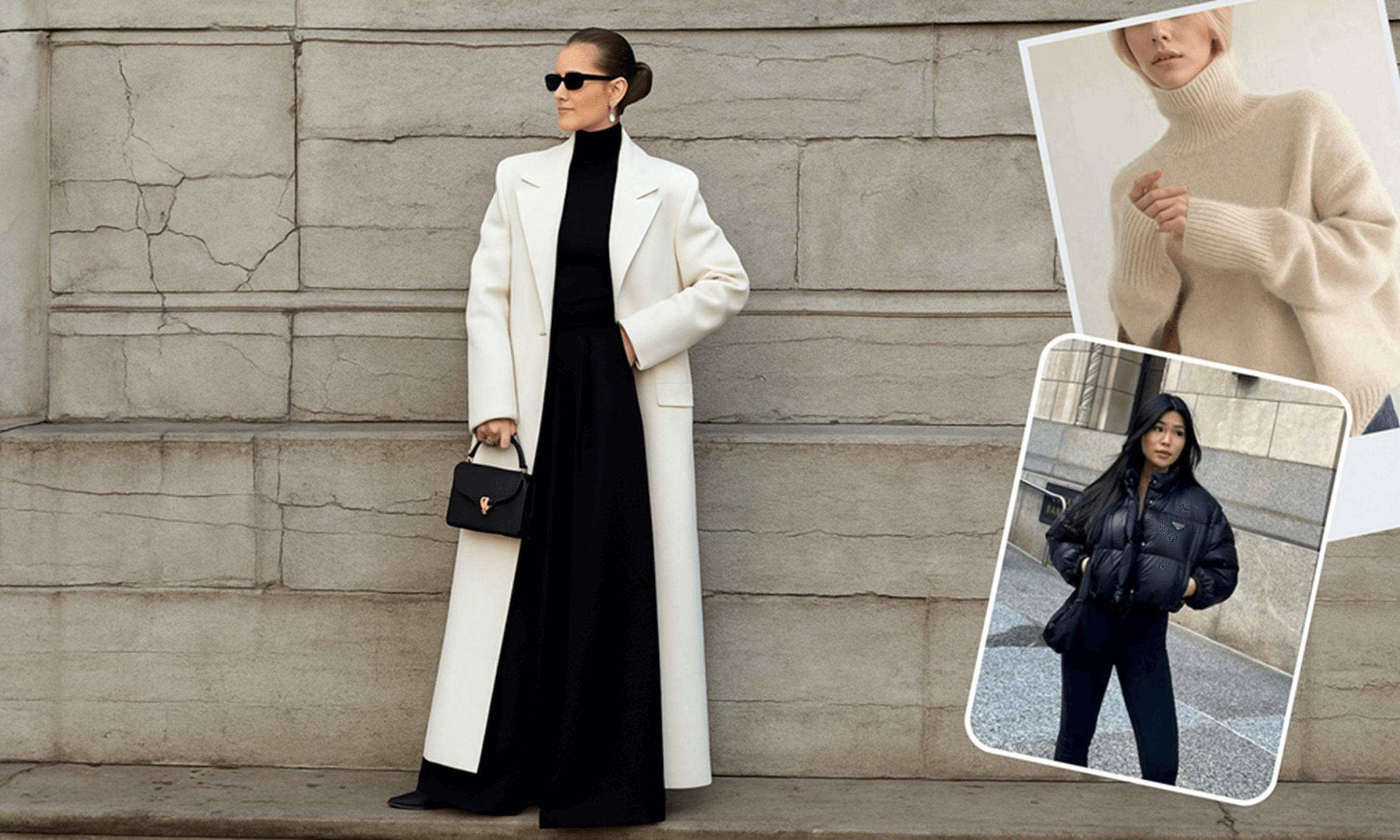 lady wearing long white coat outside with other fashion images 