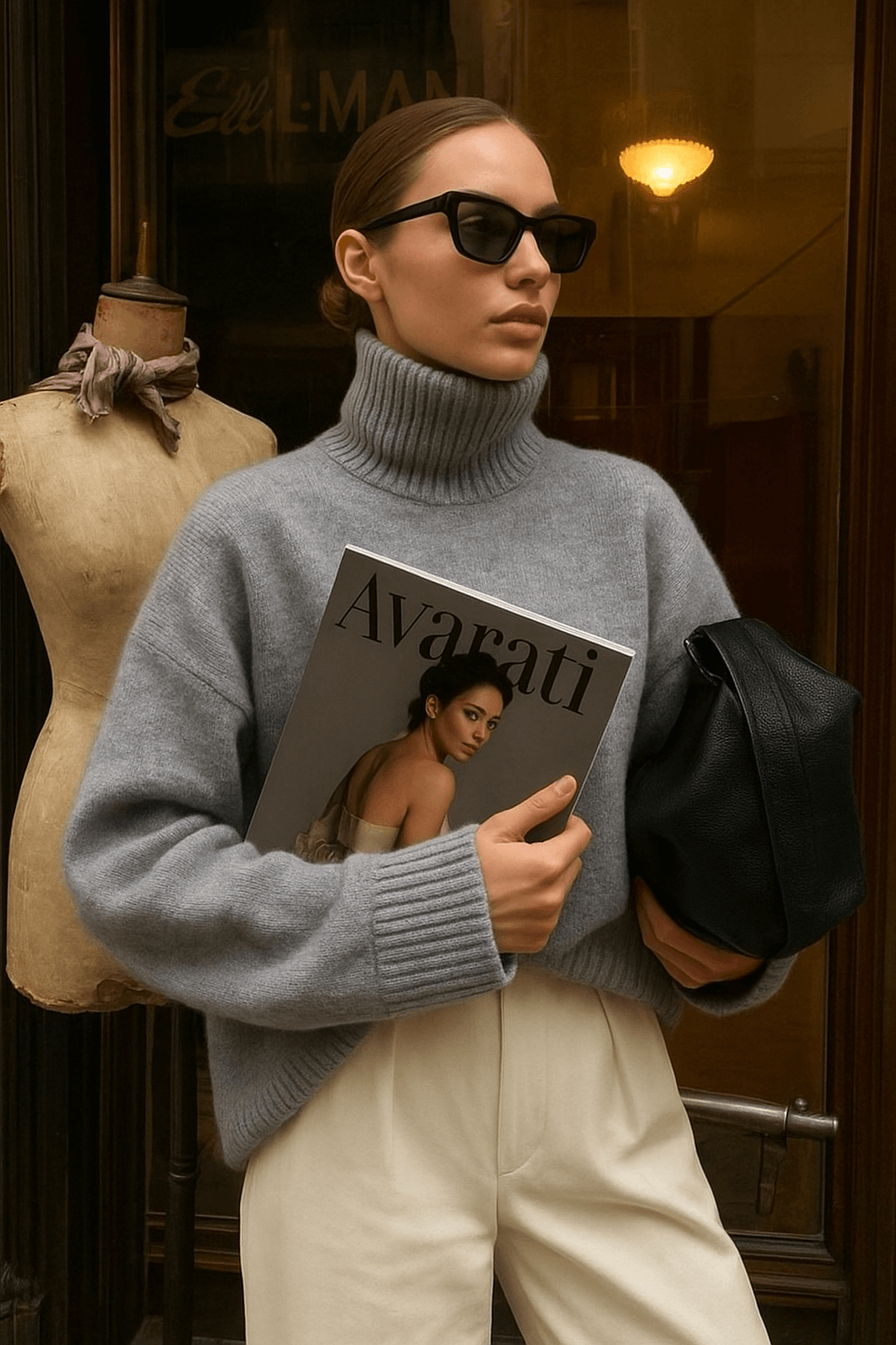 standing outside shop with avarati book