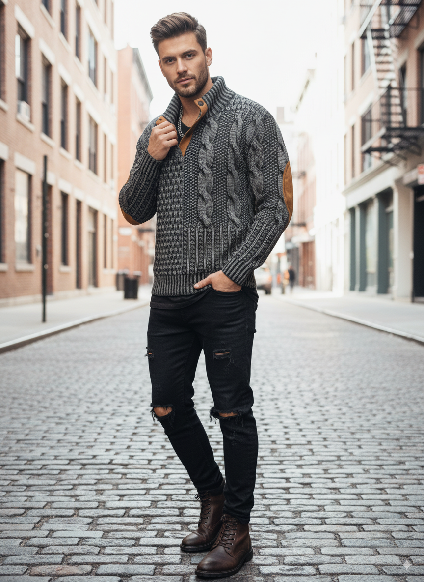 Avarati Men’s Cable Knit Sweater with Elbow Patches