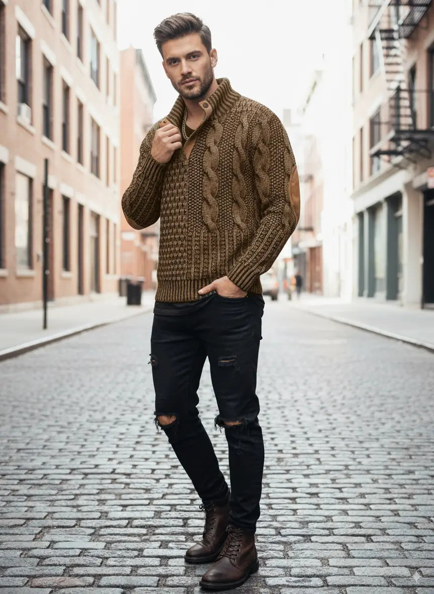 Avarati Men’s Cable Knit Sweater – Classic Knit Pullover with Elbow Patches - AVARATI