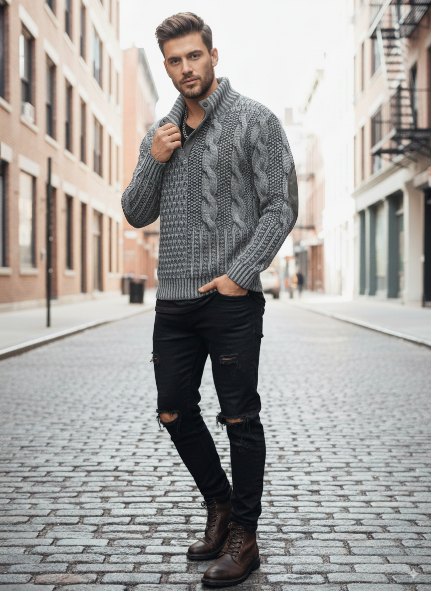 Avarati Men’s Cable Knit Sweater with Elbow Patches