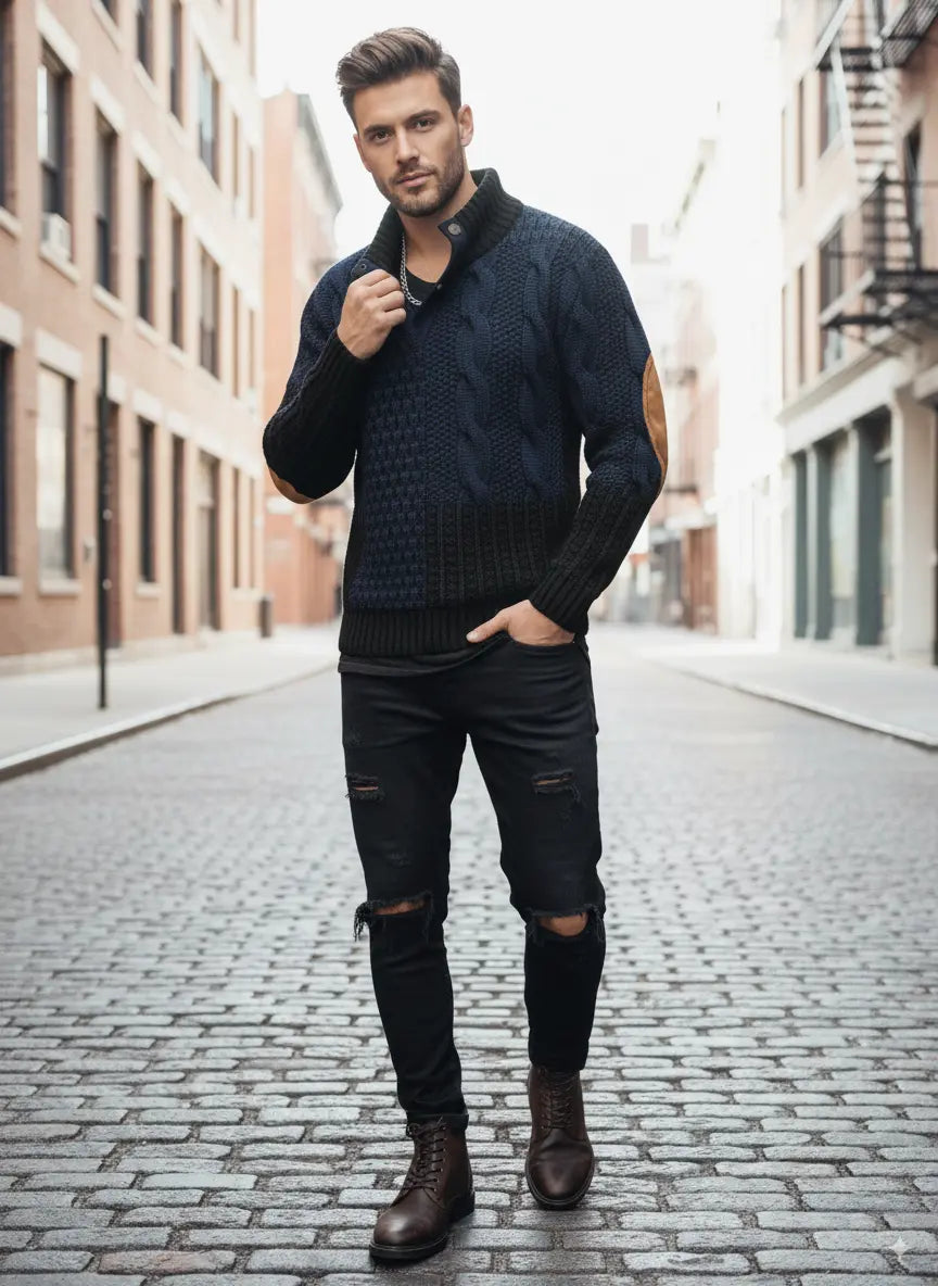 Avarati Men’s Cable Knit Sweater – Classic Knit Pullover with Elbow Patches - AVARATI
