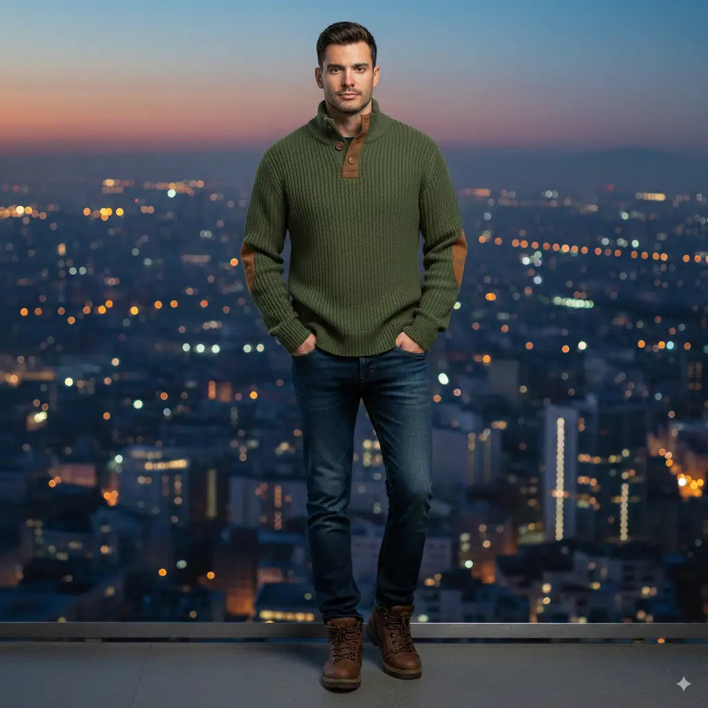 Avarati Men’s Rustic Patches Sweater – Ribbed Knit Pullover with Elbow Patches & Button Collar - AVARATI