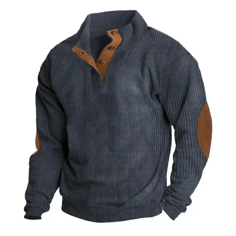 Avarati Men’s Rustic Patches Sweater – Ribbed Knit Pullover with Elbow Patches & Button Collar - AVARATI