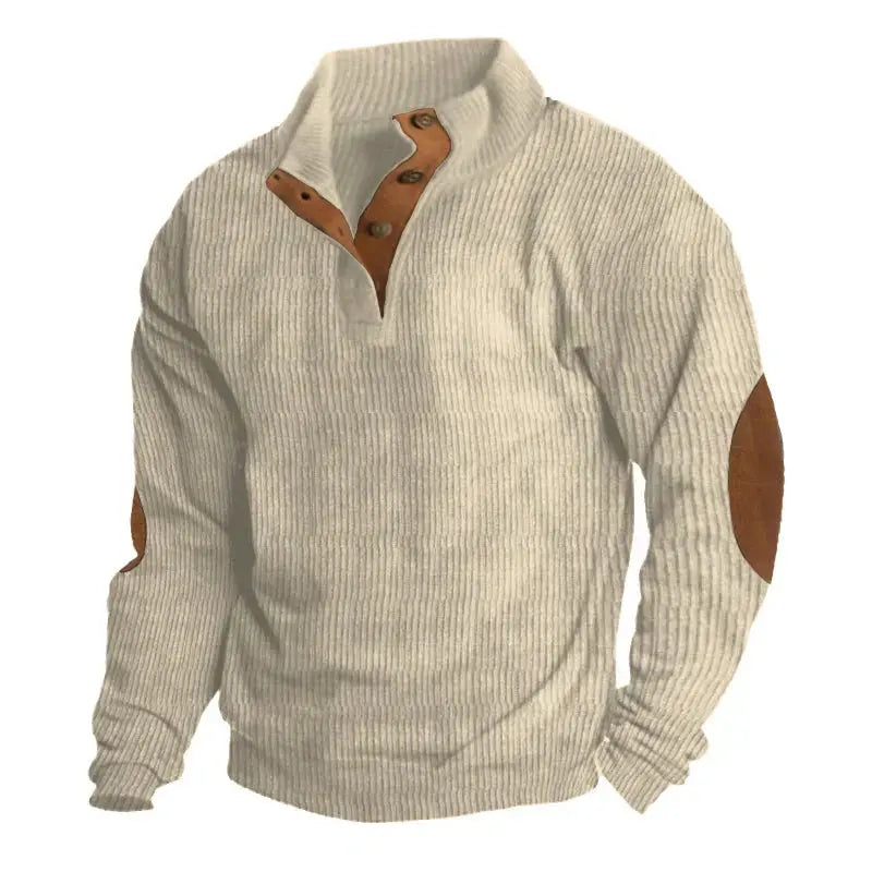 Avarati Men’s Rustic Patches Sweater – Ribbed Knit Pullover with Elbow Patches & Button Collar - AVARATI